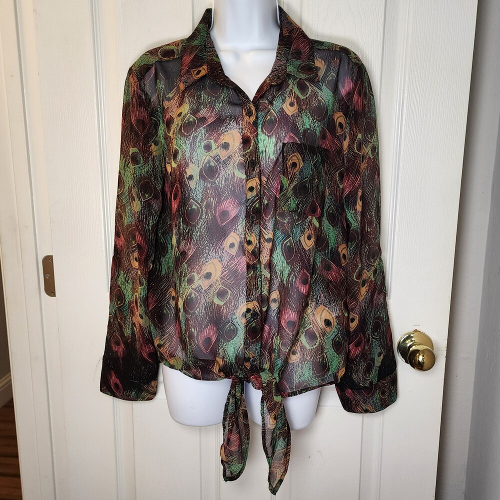 KUT from the Kloth Medium Peacock Feather Sheer Roll Tab Tie Front Blouse EUC